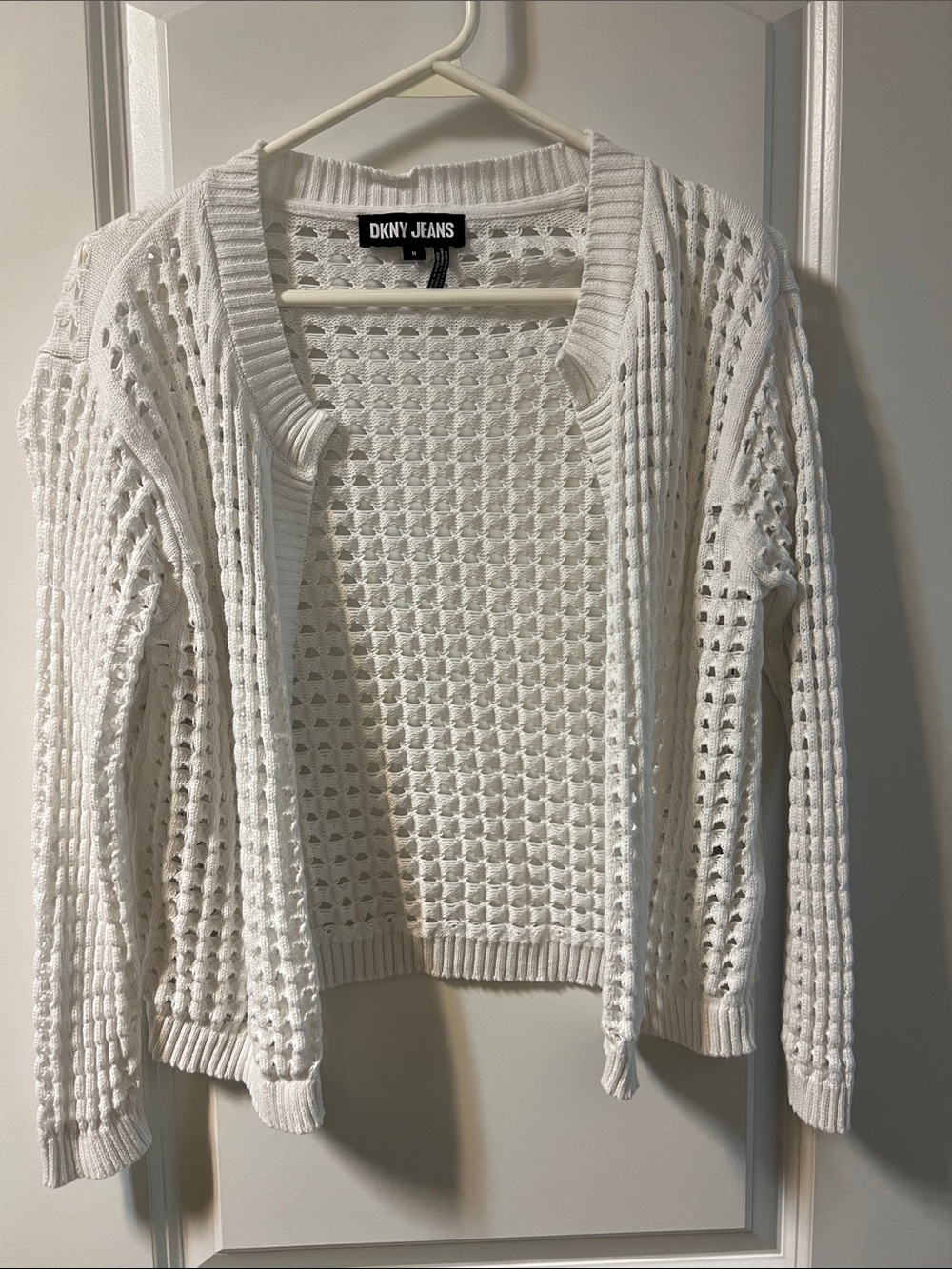 Dkny White Open Weave Knit Cardigan